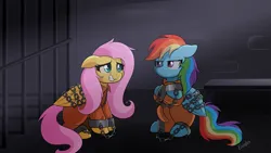 Size: 3840x2160 | Tagged: safe, artist:enviaart, derpibooru import, fluttershy, rainbow dash, g4, bound wings, chain, chained, clothes, commissioner:rainbowdash69, duo, grin, image, jail, jail cell, nervous, nervous grin, never doubt rainbowdash69's involvement, png, prison, prison cell, prison outfit, prisoner, prisoner fs, prisoner rd, rainbow dash is not amused, shackles, smiling, unamused, wings