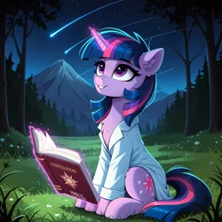 Size: 4704x4704 | Tagged: safe, ai content, ai generated, derpibooru import, generator:yiffymix v64, prompter:thedaren666, stable diffusion, twilight sparkle, pony, unicorn, g4, ai composition, book, chest fluff, clothes, ear fluff, eyebrows, female, fluffy, forest, grass, horn, image, jpeg, lab coat, looking up, magic, mare, mountain, nature, night, open mouth, open smile, outdoors, shooting star, signature, sitting, sky, smiling, solo, stars, teeth, telekinesis, text, tree, unicorn twilight