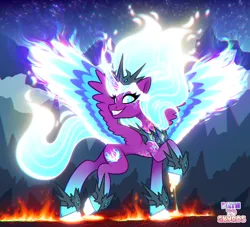 Size: 2200x2000 | Tagged: safe, artist:shad0w-galaxy, derpibooru import, opaline arcana, alicorn, pony, g5, chromatic aberration, concept art, corrupted, crown, curved horn, dragonfire, female, fiery mane, fiery tail, fiery wings, fire, fire alicorn, fire opal, glow, glowing eyes, glowing hooves, glowing wings, high res, horn, image, jewelry, lava, looking at you, mare, path to skyros, png, raised hoof, regalia, sharp teeth, smiling, solo, spread wings, teeth, white pupils, wings