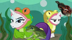Size: 1280x720 | Tagged: safe, artist:ebotizer, screencap, rarity, sweetie belle, frog, pony, unicorn, forever filly, des frog, frog costume, image, jpeg, ribbity, tadpole, tadpole belle, yu-gi-oh!, yu-gi-oh! gx