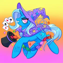 Size: 2048x2048 | Tagged: safe, artist:ralucafarcas, derpibooru import, trixie, pony, unicorn, g4, cape, clothes, female, gradient background, grin, handkerchief, hat, horn, image, jpeg, looking at you, magic trick, mare, playing card, simple background, smiling, solo, sparkles, top hat, trixie's cape, trixie's hat