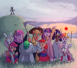Size: 3000x2650 | Tagged: safe, artist:mareoinaddict, derpibooru import, apple bloom, applejack, fluttershy, pinkie pie, rainbow dash, rarity, scootaloo, sweetie belle, twilight sparkle, oc, oc:anon, rabbit, g4, animal, animal costume, animal mask, bunny ears, clothes, cloud, costume, cutie mark crusaders, dress, image, mane six, mask, movie reference, ocean, png, scenery, scythe, signature, statue, sun, sunset, sword, the wicker man, water, weapon