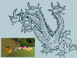Size: 1600x1200 | Tagged: safe, anonymous artist, derpibooru import, hydra, feeling pinkie keen, g4, forked tongue, horns, image, multiple heads, my little pony, open mouth, png, quadrupedal, redesign, screencap reference, simple background, sketch, slit pupils, tongue out