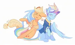 Size: 2560x1544 | Tagged: safe, artist:pads6im, derpibooru import, applejack, rainbow dash, earth pony, pegasus, pony, g4, appledash, clothes, duo, duo female, female, floppy ears, goggles, goggles on head, granny smith's shawl, image, jacket, jpeg, lesbian, mare, older, older applejack, older rainbow dash, one eye closed, scarf, shipping, simple background, sitting, white background, wink