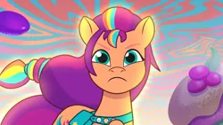 Size: 2360x1328 | Tagged: safe, derpibooru import, screencap, sunny starscout, earth pony, pony, g5, my little pony: tell your tale, angry, attack of the vending machine, bag, cupcake, female, food, frown, glow, image, mane stripe sunny, mare, png, saddle bag, solo, sunny starscout is not amused, sunny's bag, unamused, vending machine, wind, windswept mane