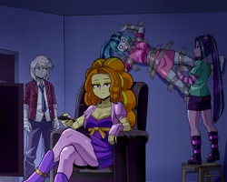 Size: 2000x1600 | Tagged: safe, artist:nekojackun, derpibooru import, adagio dazzle, aria blaze, sonata dusk, oc, human, siren, equestria girls, g4, 2d, abuse, arse-ia blaze, bangs, boots, breasts, busty adagio dazzle, busty sonata dusk, cleavage, clothes, commission, disguise, disguised siren, eyeshadow, female, gloves, image, indoors, leggings, legwear, lip gloss, long hair, long sleeved shirt, long sleeves, makeup, male, male oc, pigtails, png, ponytail, purple eyeshadow, shirt, shoes, short sleeves, sitting, solo, solo male, sonatabuse, sonatasub, stool, tape, taped to the wall, trio, twintails, yellow eyeshadow