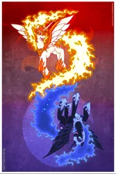 Size: 800x1200 | Tagged: safe, artist:joshlyman, derpibooru import, daybreaker, nightmare moon, alicorn, pony, g4, armor, corrupted, corrupted celestia, corrupted luna, daybreaker armor, digitally colored, duet, duo, ethereal mane, ethereal tail, evil, evil sisters, female, hoof shoes, horn, image, jewelry, jpeg, looking at you, nightmare moon armor, princess shoes, regalia, siblings, sisters, smiling, tail, tail of fire, traditional art, wings