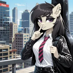 Size: 4704x4704 | Tagged: safe, ai content, ai generated, derpibooru import, generator:yiffymix v64, prompter:thedaren666, stable diffusion, octavia melody, anthro, earth pony, g4, ai composition, black eyeshadow, breasts, bridge, building, city, clothes, ear fluff, ear piercing, error, eyebrows, eyeshadow, female, floppy ears, fluffy, glitch, guitar case, holding something, image, jacket, jpeg, leather, leather jacket, leather pants, lipstick, looking at you, looking sideways, makeup, necktie, outdoors, pants, piercing, punk, raised hand, rocker, shhh, shirt, signature, sky, smiling, smiling at you, solo, standing, text