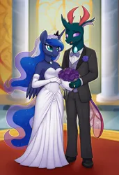 Size: 832x1216 | Tagged: safe, ai content, ai generated, novelai, prompter:thealmightyone, stable diffusion, pharynx, princess luna, alicorn, anthro, changeling, clothes, dress, female, husband and wife, image, jpeg, male, marriage, shipping, straight, suit, uploader:mlf, wedding, wedding dress, wedding suit