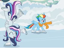 Size: 749x562 | Tagged: safe, artist:alicefaithsparkle, derpibooru import, rainbow dash, oc, oc:lightning dash, pegasus, pony, g4, clothes, female, image, jpeg, mare, mother and child, mother and daughter, offspring, older, older rainbow dash, parent:rainbow dash, parent:soarin', parents:soarindash, scarf, skating, winter