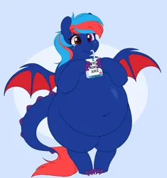 Size: 1820x1940 | Tagged: safe, artist:montsundere, derpibooru import, oc, oc:centreus feathers, unofficial characters only, dracony, dragon, hybrid, pony, abstract background, belly, belly button, big belly, bipedal, blush lines, blushing, chubby, commission, cute, dragon wings, drink, fat, female, hoofclaw, image, jpeg, juice, juice box, mare, obese, sipping, smiling, solo, spread wings, wings, ych result
