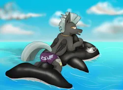 Size: 6200x4565 | Tagged: suggestive, artist:tacomytaco, derpibooru import, thunderlane, pegasus, pony, g4, clothes, goggles, image, inflatable, inflatable toy, looking at you, looking back, male, partial nudity, png, solo, solo male, speedo, swimsuit, topless, water, wet