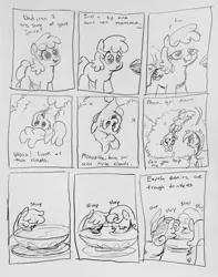 Size: 2296x2909 | Tagged: safe, artist:pony quarantine, derpibooru import, berry punch, carrot top, cheerilee, golden harvest, minuette, earth pony, pony, series:pq funnies, g4, alcohol, bush, butt, comic, comic strip, cutiespark, dialogue, drink, drinking, drunk, female, filly, filly berry punch, flowerbutt, foal, grayscale, image, jpeg, mare, monochrome, offscreen character, pencil drawing, plot, punch, traditional art, upside down, wine, younger