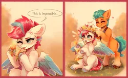 Size: 4982x3027 | Tagged: safe, artist:polnocnykot, derpibooru import, hitch trailblazer, zipp storm, earth pony, pegasus, pony, g5, 2 panel comic, adorazipp, bipedal, comic, cross-popping veins, cute, duo, duo male and female, emanata, female, floral head wreath, flower, high res, image, jpeg, male, mare, open mouth, open smile, smiling, stallion, surprised