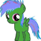 Size: 141x141 | Tagged: safe, artist:chryssi!!, derpibooru import, rainbow dash, oc, oc:purple ethan, unofficial characters only, pegasus, pony, g4, blank flank, female, filly, filly rainbow dash, foal, green coat, image, pink eyes, png, purple mane, recolor, simple background, smiling, solo, white background, wings, younger
