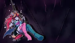 Size: 9256x5273 | Tagged: suggestive, artist:b(r)at, derpibooru import, oc, oc:batty bliss, anthro, bat pony, pony, bat pony oc, breasts, clothes, cosplay, costume, danganronpa, danganronpa 2, ear piercing, earring, female, ibuki mioda, image, jewelry, mare, noose, piercing, pinup, png, scene, small breasts, solo, spread wings, tongue piercing, wings