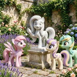 Size: 2048x2048 | Tagged: safe, ai generated, generator:nanobanana 2, prompter:iwtcipp, oc, oc:pipette, unnamed oc, unofficial characters only, earth pony, pegasus, pony, unicorn, day, earth pony oc, female, flower, horn, image, looking at you, looking up, marble, mare, open mouth, open smile, outdoors, pegasus oc, photorealistic, plant, png, raised hoof, realistic, smiling, smiling at you, spread wings, standing, standing on three hooves, statue, stone, stone wall, unicorn oc, watermark, waving, wings