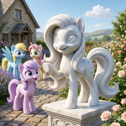 Size: 2048x2048 | Tagged: safe, ai generated, generator:nanobanana 2, prompter:iwtcipp, oc, oc:pipette, unnamed oc, unofficial characters only, earth pony, pegasus, pony, unicorn, cloud, day, earth pony oc, female, field, flower, hedge, hill, horn, house, image, looking up, marble, mare, open mouth, open smile, outdoors, pegasus oc, photorealistic, plant, png, raised hoof, realistic, sky, smiling, spread wings, standing, standing on three hooves, statue, stone, stone path, unicorn oc, watermark, waving, wings