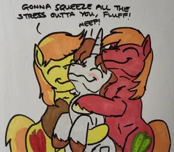 Size: 2048x1782 | Tagged: safe, artist:hoofclid, derpibooru import, big mcintosh, braeburn, oc, oc:hoofclid, earth pony, pony, unicorn, g4, blushing, canon x oc, cousins, dialogue, eyes closed, gay, group hug, hatless, horn, hug, image, jpeg, male, marker drawing, missing accessory, shipping, smiling, stallion, traditional art, trio, trio male, unshorn fetlocks