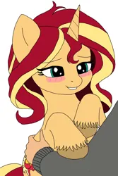 Size: 768x1152 | Tagged: safe, artist:adam_816624, derpibooru import, sunset shimmer, human, pony, unicorn, g4, blush lines, blushing, cuddling, cute, daaaaaaaaaaaw, derpibooru exclusive, duo, horn, human on pony snuggling, image, png, shimmerbetes, simple background, snuggling, unshorn fetlocks, white background