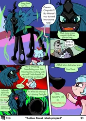 Size: 2480x3508 | Tagged: safe, artist:nicolai, derpibooru import, idw, cozy glow, queen chrysalis, changeling, pegasus, pony, comic:golden roast rehab project, g4, cape, clothes, cmc cape, comic, duo focus, evil grin, evil laugh, female, filly, foal, friendship is magic #102, grin, horn, image, implied starlight glimmer, implied twilight sparkle, jpeg, laughing, looking at each other, looking at someone, mare, my little pony: friendship is magic (idw), narrowed eyes, observer, open mouth, open smile, scene interpretation, season 10, smiling, trio, underhoof, unshorn fetlocks