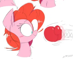 Size: 993x805 | Tagged: safe, artist:caraloh, derpibooru import, pinkie pie, earth pony, g4, bust, female, image, jpeg, needs more jpeg, punch, shrunken pupils, simple background, smiling, solo, white background, wide eyes