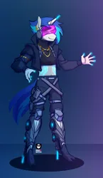 Size: 870x1504 | Tagged: safe, artist:redxbacon, derpibooru import, vinyl scratch, anthro, cyborg, unicorn, g4, belly, belly button, cyberpunk, glow, glowing horn, gold chain, horn, image, jewelry, limb enhancers, necklace, png, smiling, smirk, solo, visor