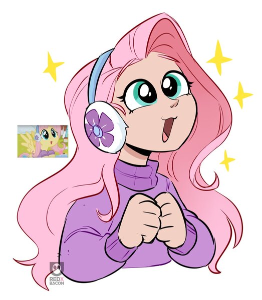 Size: 1204x1380 | Tagged: safe, artist:redxbacon, derpibooru import, fluttershy, human, g4, bust, clothes, earmuffs, hand, human coloration, humanized, image, jpeg, long hair, looking up, open mouth, open smile, scene interpretation, simple background, smiling, solo, sparkles, sweater, white background
