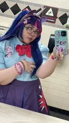 Size: 1125x2000 | Tagged: safe, artist:sugarbelle, derpibooru import, sci-twi, twilight sparkle, human, equestria girls, g4, bathroom, clothes, cosplay, costume, female, image, irl, irl human, jpeg, photo, real life background, solo, solo female, wig