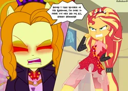 Size: 1920x1372 | Tagged: safe, artist:robukun, derpibooru import, adagio dazzle, sunset shimmer, human, cheer you on, equestria girls, g4, spoiler:eqg series (season 2), spoiler:hazbin hotel, angry, determined, duo, duo female, equestria girls specials, female, fight, fin wings, fins, glow, glowing eyes, hazbin hotel, hellaverse, image, jpeg, lute (hazbin hotel), music festival outfit, my little pony equestria girls: better together, my little pony equestria girls: sunset's backstage pass, parody, ponied up, power-up, red eyes, reference, scene parody, speech bubble, spoilers for another series, super ponied up, talking, the show must go on (hazbin hotel), vaggi, vaggie, wings