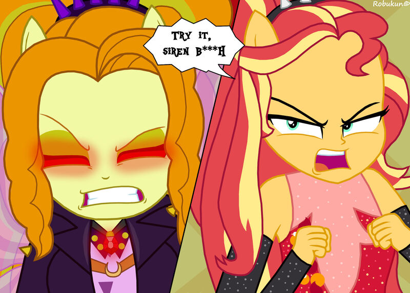 Size: 1920x1372 | Tagged: safe, artist:robukun, derpibooru import, adagio dazzle, sunset shimmer, human, cheer you on, equestria girls, g4, spoiler:eqg series (season 2), spoiler:hazbin hotel, angry, determined, duo, duo female, equestria girls specials, female, fight, fin wings, fins, glow, glowing eyes, hazbin hotel, hellaverse, image, jpeg, lute (hazbin hotel), music festival outfit, my little pony equestria girls: better together, my little pony equestria girls: sunset's backstage pass, parody, ponied up, power-up, red eyes, reference, scene parody, shrunken pupils, speech bubble, spoilers for another series, super ponied up, talking, the show must go on (hazbin hotel), vaggi, vaggie, vulgar, wings