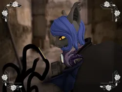 Size: 4096x3072 | Tagged: safe, artist:altarya, derpibooru import, oc, oc:tenebra, unofficial characters only, bat pony, pegasus, pony, fallout equestria, fallout equestria: project horizons, 3d, 3d model, armor, bags under eyes, book, cloak, clothes, fallout equestria: under the moonlight, fanfic art, female, image, mare, night guard, open pony, outdoors, png, reading, second life, shadow magic, sunglasses, tentacles