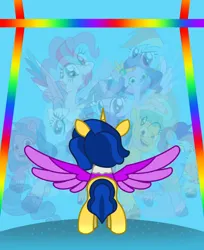 Size: 660x810 | Tagged: safe, artist:textura, derpibooru import, applejack, fluttershy, hitch trailblazer, izzy moonbow, misty brightdawn, pinkie pie, pipp petals, rainbow dash, rarity, sunny starscout, twilight sparkle, zipp storm, oc, oc:pastel textura, alicorn, earth pony, pegasus, pony, unicorn, g4, g5, my little pony: tell your tale, alicorn oc, alternate universe, au:pastel's parallel perigrination, error, female, gasping, generation leap, glitch, horn, image, male, mare, my little pony, nexus of ponyverse, own pony style, pastel of equusterra, png, ponyverse, rainbow, spread wings, stallion, teaser:a bifurcational existence, television, wings