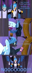 Size: 1920x4320 | Tagged: safe, artist:papadragon69, derpibooru import, gallus, queen chrysalis, sandbar, anthro, changeling, earth pony, gryphon, g4, 3d, armor, big no, bugbutt, butt, cage, comic, deltarune, gameloft, image, my little pony: magic princess, no, phone, png, pure unfiltered evil, scouter, source filmmaker, take that, video game reference