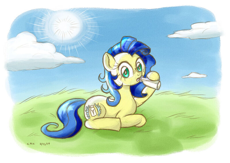 Size: 900x638 | Tagged: safe, artist:maudedraws, derpibooru import, oc, oc:milky way, unofficial characters only, earth pony, pony, 2014, blue hair, bottle, cloud, cute, freckles, grass, image, jpeg, looking at you, milk bottle, solo, sun