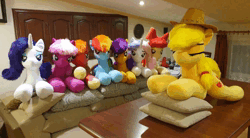 Size: 1280x704 | Tagged: suggestive, ai generated, earth pony, pegasus, unicorn, animated, mp4, plushie
