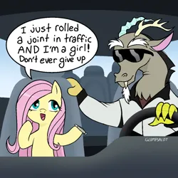 Size: 1080x1080 | Tagged: safe, artist:glompsalot, derpibooru import, discord, fluttershy, draconequus, pegasus, pony, g4, blunt, car, clothes, driving, drugs, duo, female, image, jacket, jpeg, male, mare, marijuana, motivational, smiling, sunglasses, vehicle