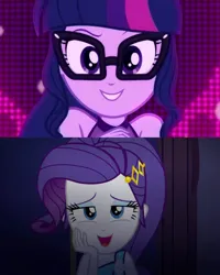 Size: 1920x2400 | Tagged: safe, artist:thomasxzafran, derpibooru import, edit, edited screencap, editor:thomasxzafran, screencap, rarity, sci-twi, twilight sparkle, equestria girls, g4, i'm on a yacht, spoiler:eqg series (season 2), cruise concert outfit, duo, duo female, equestria girls specials, female, image, jpeg, lesbian, looking at you, magical lesbian spawn, my little pony equestria girls: better together, my little pony equestria girls: spring breakdown, neon eg logo, offspring, ship:rarilight, ship:sci-rarilight, shipping