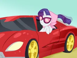 Size: 1024x768 | Tagged: safe, artist:dazzle, derpibooru import, rarity, pony, unicorn, g4, car, clothes, crossover, duo, female, headscarf, horn, image, knock out, knock out (tf), knockout, mare, png, ponytail, scarf, simple background, sunglasses, transformers, vehicle, wind, windswept mane