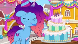 Size: 1280x720 | Tagged: safe, artist:bluemario11, derpibooru import, misty brightdawn, pony, unicorn, g5, birthday cake, cake, eyes closed, female, food, happy birthday, hat, horn, image, jpeg, party hat, party horn, rebirth misty