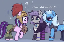 Size: 3000x2000 | Tagged: safe, artist:t72b, derpibooru import, maud pie, starlight glimmer, trixie, earth pony, pony, unicorn, g4, alternate hairstyle, bracelet, braid, braided tail, choker, clothes, costume, dress, ear piercing, female, fishnet clothing, fishnets, goth, helmet, historical roleplay starlight, horn, image, jewelry, legwear, makeup, mare, pants, piercing, plume, png, pun, raised hoof, shield, socks, stockings, striped socks, sword, tail, thigh highs, vest, visual pun, weapon