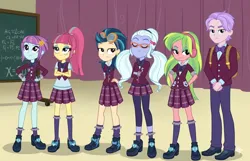 Size: 1294x832 | Tagged: safe, ai generated, generator:gemini, screencap, indigo zap, lemon zest, skyline shores, sour sweet, sugarcoat, sunny flare, equestria girls, friendship games, chalkboard, clothes, crystal prep academy uniform, duo, image, low effort, male, png, school uniform, shadow five, shadow six, skirt, unamused