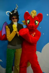 Size: 1536x2304 | Tagged: safe, derpibooru import, big mcintosh, discord, human, bronycon, g4, 2015, clothes, cosplay, costume, duo, fursuit, hug, image, indoors, irl, irl human, jpeg, photo, ponysuit