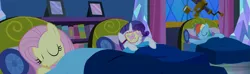 Size: 2795x823 | Tagged: safe, composite screencap, derpibooru import, edit, edited screencap, screencap, fluttershy, rainbow dash, rarity, earth pony, pegasus, pony, unicorn, do princesses dream of magic sheep, g4, season 5, bed, bedroom, eyes closed, female, horn, image, mare, my little pony, png, sleep mask, sleeping, telescope, trio, trio female, twilight's castle