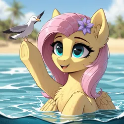 Size: 4704x4704 | Tagged: safe, ai content, ai generated, derpibooru import, generator:yiffymix v64, prompter:thedaren666, stable diffusion, fluttershy, bird, pegasus, pony, seagull, g4, accessory, ai composition, beach, beak, chest fluff, cloud, ear fluff, female, flower, flower in hair, fluffy, frog (hoof), happy, hooves, image, in water, jpeg, looking at each other, looking at someone, looking up, mare, ocean, open beak, open mouth, open smile, outdoors, palm tree, raised hoof, signature, sky, smiling, smirk, spread wings, swimming, teeth, tree, underhoof, water, wet, wet hair, wet mane, wings