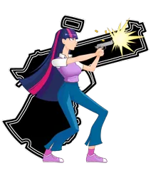 Size: 2200x2600 | Tagged: safe, artist:ignoto_delta, derpibooru import, twilight sparkle, human, g4, breasts, busty twilight sparkle, commission, female, furrowed brow, gun, handgun, high res, human coloration, humanized, image, light skin, muzzle flash, partially transparent background, pistol, png, solo, weapon