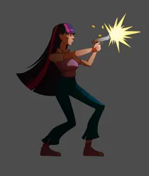 Size: 2200x2600 | Tagged: safe, alternate version, artist:ignoto_delta, derpibooru import, twilight sparkle, human, g4, breasts, busty twilight sparkle, commission, dramatic lighting, female, furrowed brow, gray background, gun, handgun, high res, human coloration, humanized, image, light skin, muzzle flash, pistol, png, simple background, solo, weapon