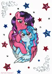 Size: 2382x3379 | Tagged: safe, artist:dariarchangel, derpibooru import, oc, oc:dove, oc:radiance, pony oc, unofficial characters only, pegasus, pony, g4, blue coat, blue hair, blue mane, blushing, braid, brown eyes, bust, duo, duo female, eyeshadow, female, female oc, floppy ears, heart, heart mark, hug, image, in love, makeup, mare, mare oc, oc x oc, pegasus oc, pink eyes, pink eyeshadow, png, portrait, purple hair, purple mane, red coat, shipping, sparkles, sparkly wings, stars, traditional art, two toned hair, two toned mane, wavy hair, wavy mane, winghug, wings