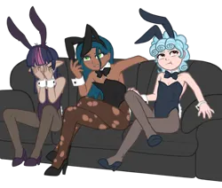 Size: 2120x1800 | Tagged: suggestive, artist:deserter, ponerpics import, cozy glow, mean twilight sparkle, queen chrysalis, human, annoyed, blushing, breasts, bunny ears, bunny suit, casting couch, clothes, couch, crossed legs, dark skin, delicious flat chest, ear blush, elf ears, embarrassed, female, humanized, image, lolicon, png, ripped stockings, simple background, socks, stockings, teenager, thigh highs, transparent background, underage, unicorns as elves, winged humanization, wings, younger