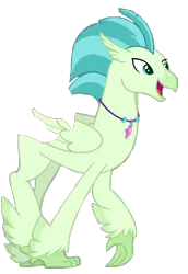 Size: 862x1254 | Tagged: safe, derpibooru import, edit, edited screencap, screencap, classical hippogriff, hippogriff, g4, surf and/or turf, background character, background removed, beak, cucumber bubbles, cyan eyes, green feathers, image, jewelry, male, my little pony, necklace, open beak, open mouth, png, simple background, solo, transparent background, upscaled, walking